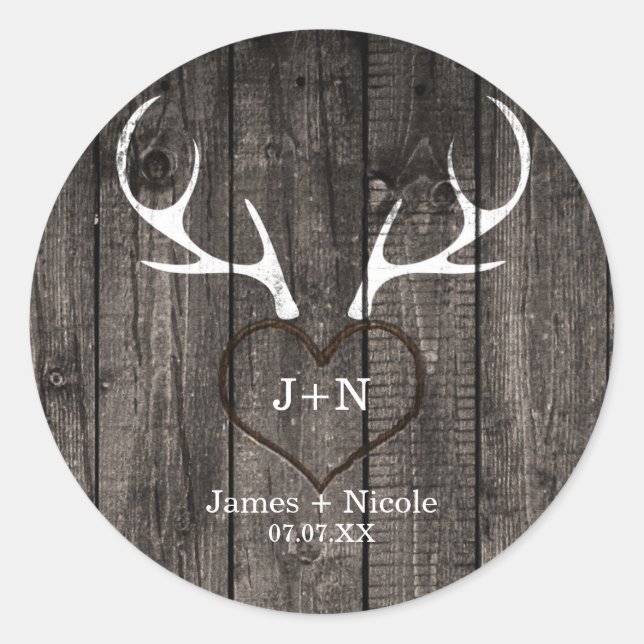 Rustic Deer Antlers & Carved Heart Wedding Favour Classic Round Sticker (Front)