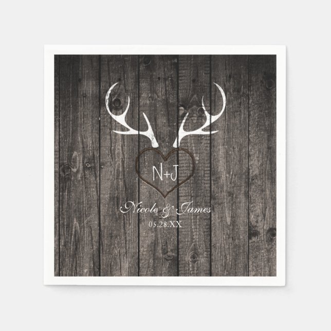 Rustic Deer Antlers & Carved Heart Wedding Napkins (Front)
