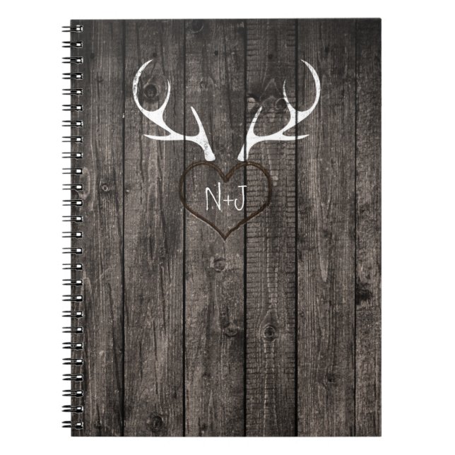 Rustic Deer Antlers & Carved Heart Wedding Notebook (Front)