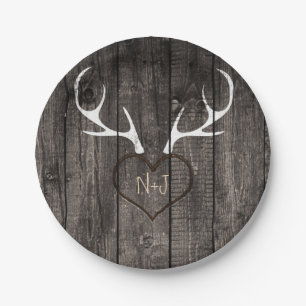 Rustic Deer Antlers & Carved Heart Wedding Paper Plate