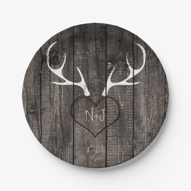 Rustic Deer Antlers & Carved Heart Wedding Paper Plate (Front)