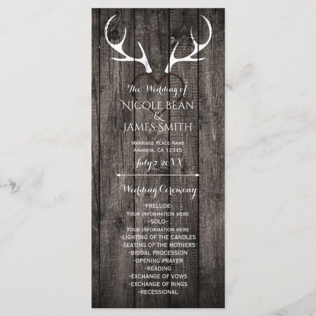 Rustic Deer Antlers & Carved Heart Wedding Program Programme (Front)