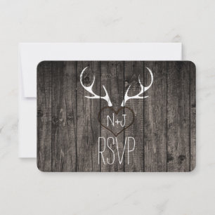 Rustic Deer Antlers & Carved Heart Wedding RSVP Invitation