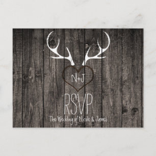 Rustic Deer Antlers & Carved Heart Wedding RSVP Invitation Postcard