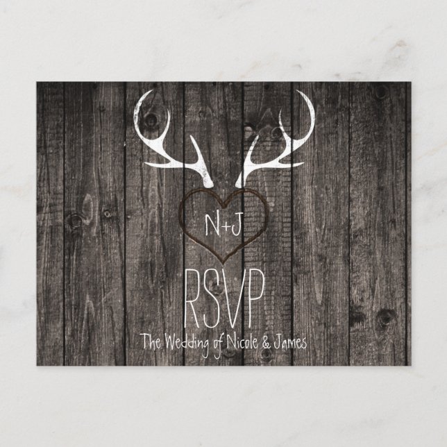 Rustic Deer Antlers & Carved Heart Wedding RSVP Invitation Postcard (Front)