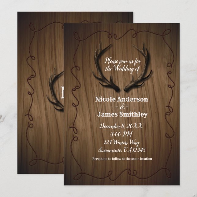 Rustic Deer Antlers Country Wood Barn Wedding Invitation (Front/Back)