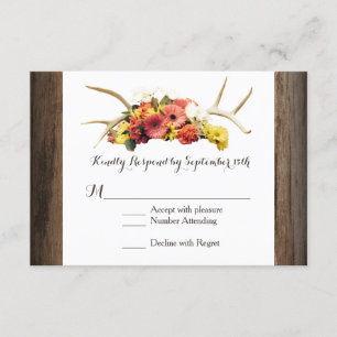 Rustic Deer Antlers Daisy Wood Wedding RSVP Cards