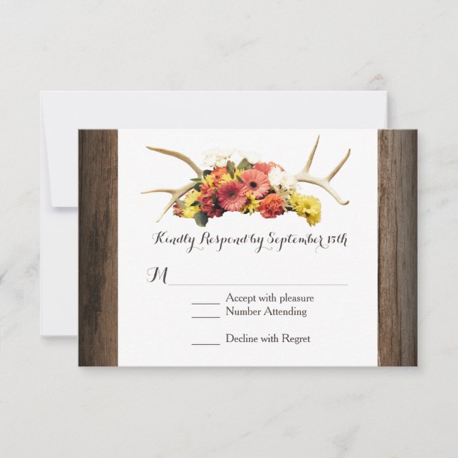 Rustic Deer Antlers Daisy Wood Wedding RSVP Cards (Front)
