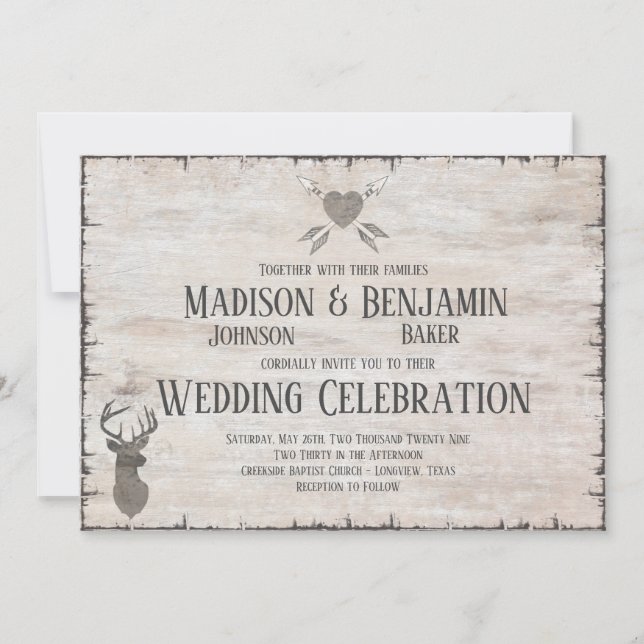 Rustic Deer Antlers Distressed Wedding Invitations (Front)