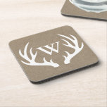 Rustic Deer Antlers Faux Burlap Family Initial Coaster<br><div class="desc">Rustic white deer antlers silhouette framing your family's initial letter in white text all over a faux burlap print  background.</div>