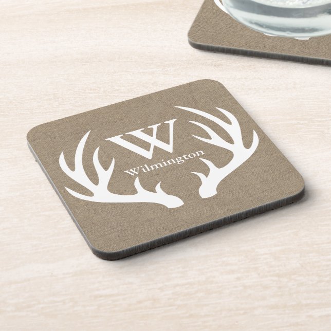 Rustic Deer Antlers Faux Burlap Family Name Coaster (Left Side)
