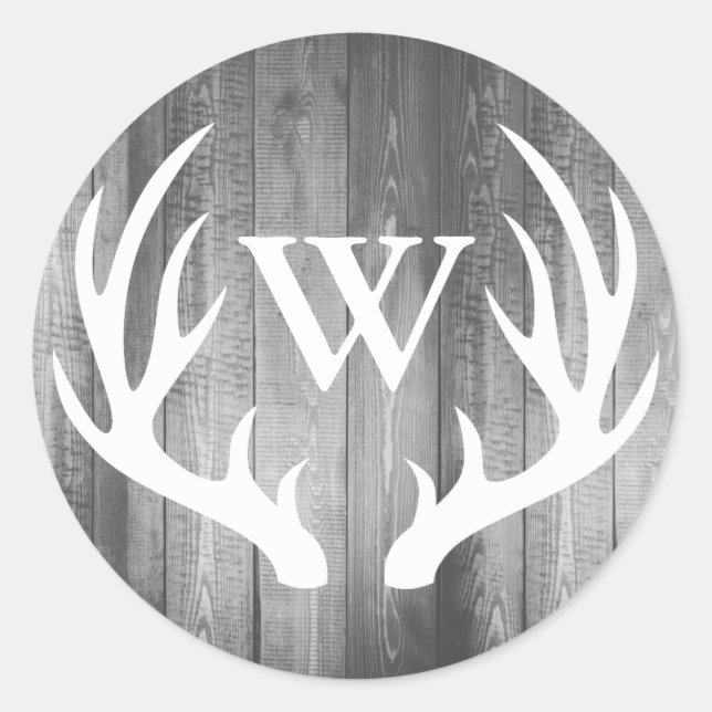 Rustic Deer Antlers Grey Barn Wood | Monogram Classic Round Sticker (Front)