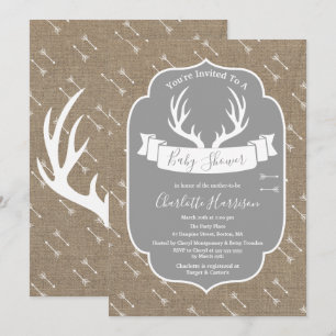 Rustic Deer Antlers Grey & Faux Burlap Baby Shower Invitation