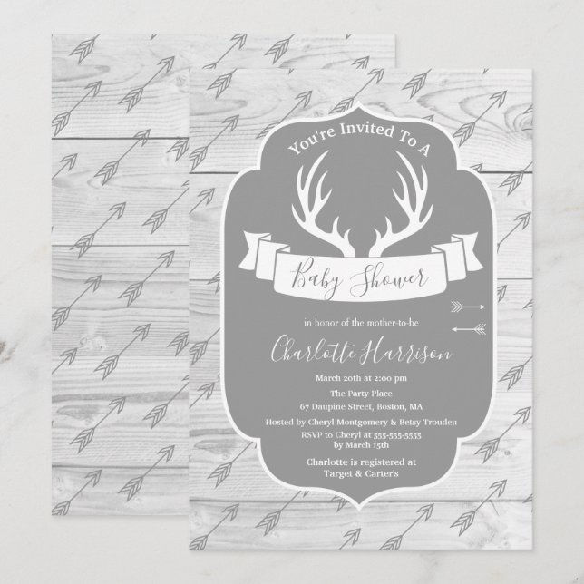 Rustic Deer Antlers Grey & White Wood Baby Shower Invitation (Front/Back)