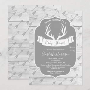 Rustic Deer Antlers Grey & White Wood Baby Shower Invitation
