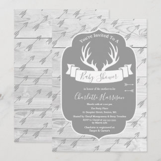 Rustic Deer Antlers Grey & White Wood Baby Shower Invitation
