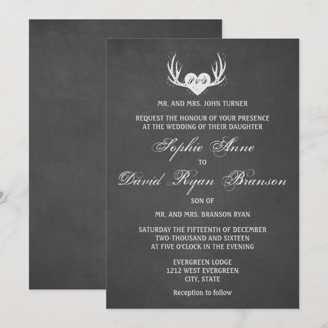 Rustic Deer Antlers & Heart Chalk Wedding Invite (Front/Back)