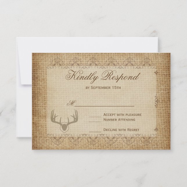Rustic Deer Antlers Hunting Wedding RSVP Cards (Front)