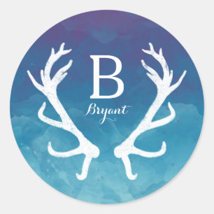 Rustic Deer Antlers Monogram Blue Watercolor Classic Round Sticker