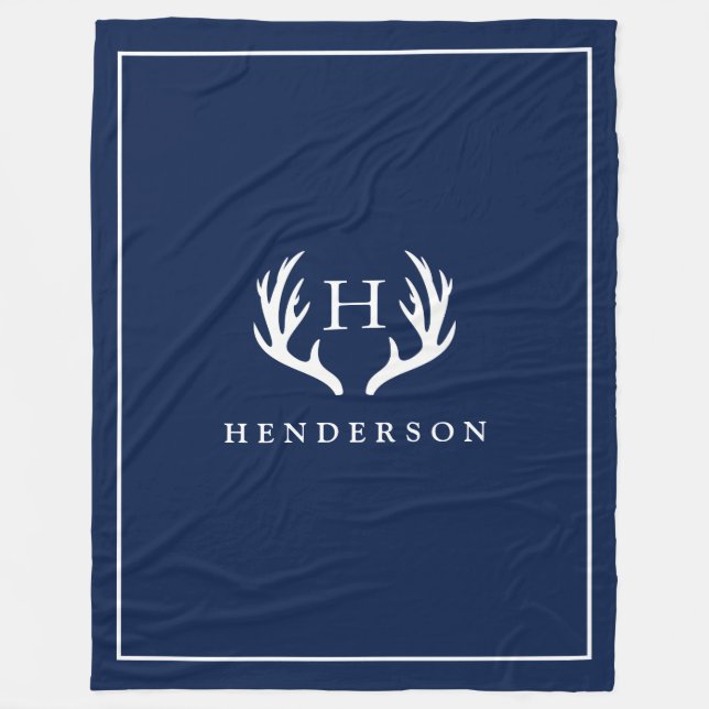 Rustic Deer Antlers Monogram Navy Fleece Blanket (Front)