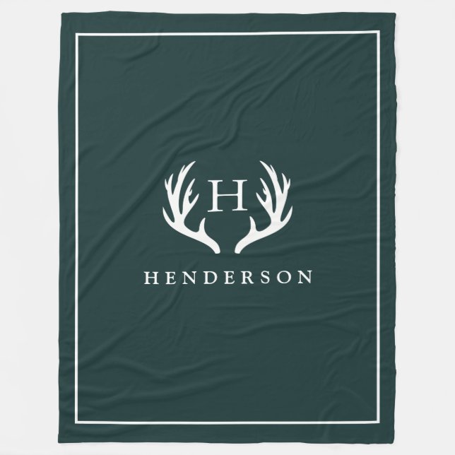 Rustic Deer Antlers Monogram Pine Green Fleece Blanket (Front)