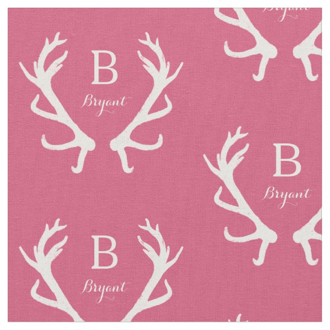Rustic Deer Antlers Monogram, Pink Fabric (Close Up)