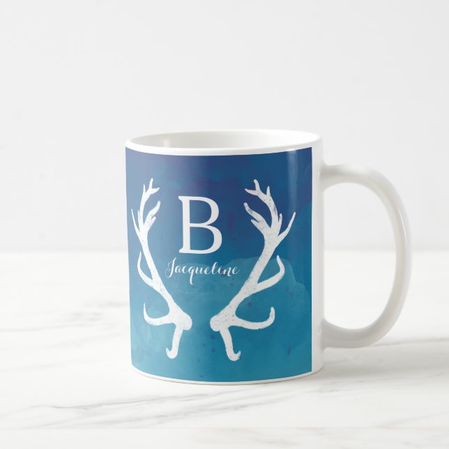 Rustic Deer Antlers Monogram Watercolor Blue Coffee Mug (Right)