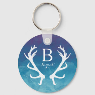 Rustic Deer Antlers Monogram Watercolor Blue Key Ring