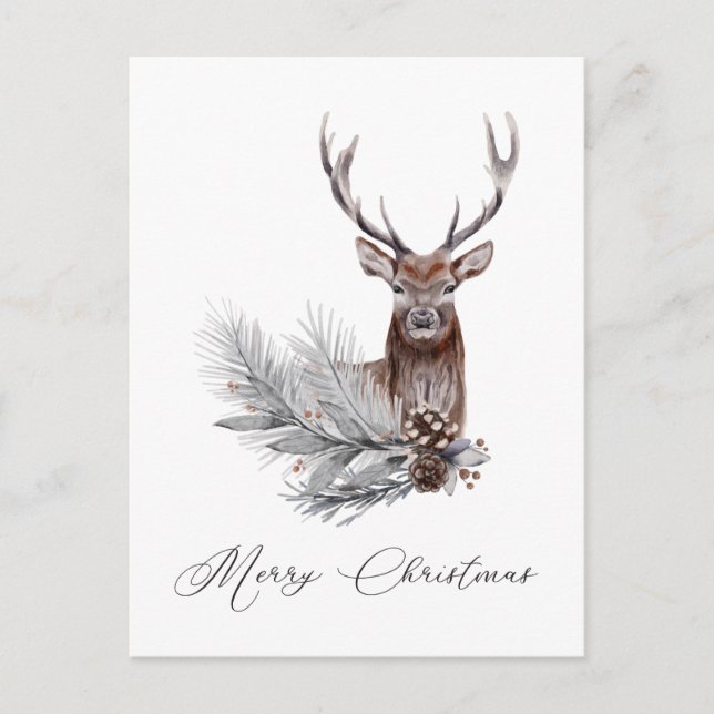 Rustic Deer Antlers Pine Cones Christmas Postcard (Front)