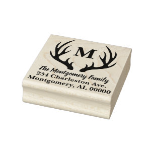 Rustic Deer Antlers Silhouette Family Name Address Rubber Stamp