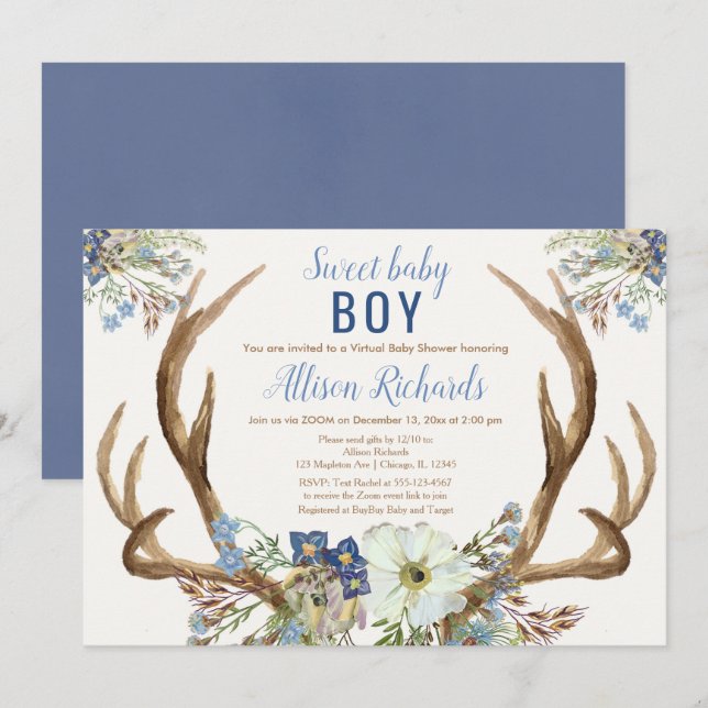 Rustic deer antlers Sweet boy Virtual Baby Shower Invitation (Front/Back)