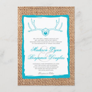 Rustic Deer Antlers Teal Burlap Wedding Invites