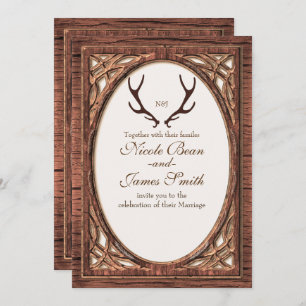 Rustic Deer Antlers Two Tone Wood Look Invitation