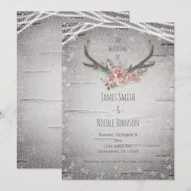 Rustic Deer Antlers & White Birch Winter Wedding Invitation (Front/Back)