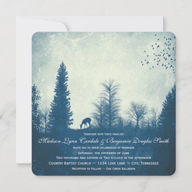 Rustic Deer Blue Country Trees Wedding Invitations (Front)