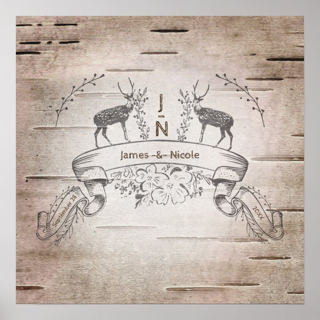 Rustic Deer & Branches Birch Wedding Banner Poster (Front)