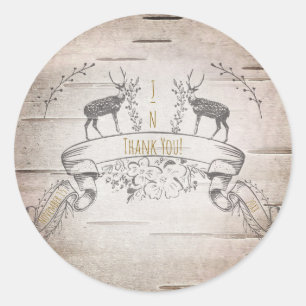 Rustic Deer & Branches Birch Wedding Favour Classic Round Sticker