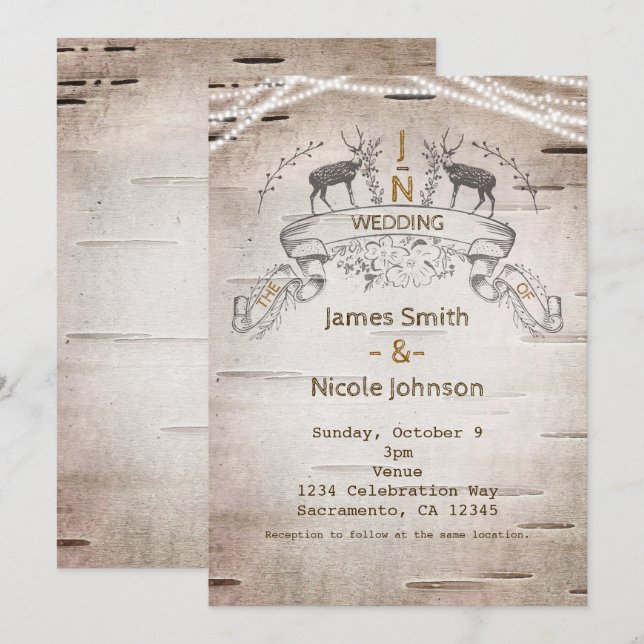 Rustic Deer & Branches Birch Wedding Invitations (Front/Back)
