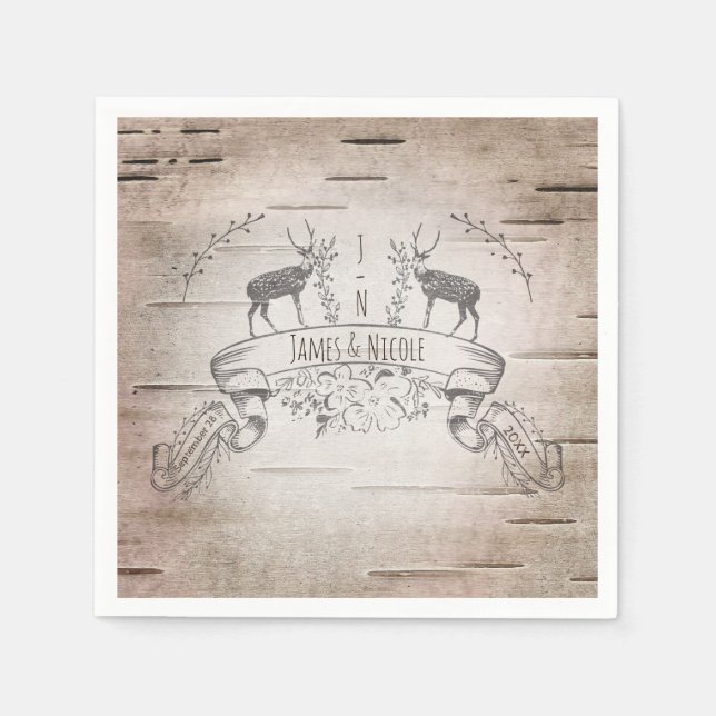 Rustic Deer & Branches Birch Wedding Reception Napkin (Front)