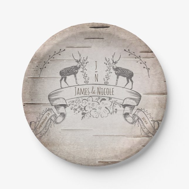 Rustic Deer & Branches Birch Wedding Reception Paper Plate (Front)