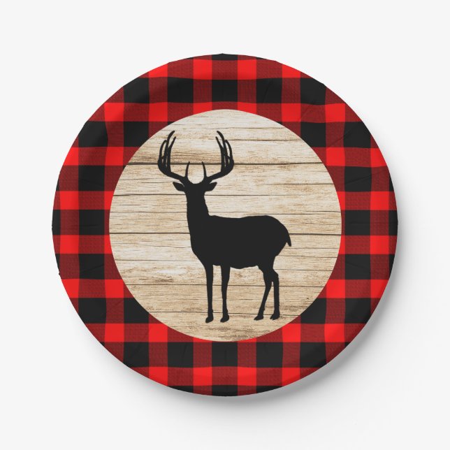 Rustic Deer Buck Buffalo Plaid Paper Plate (Front)