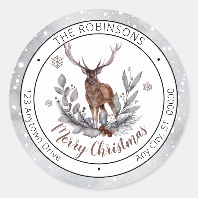 Rustic Deer Buck Merry Christmas Family   Classic Round Sticker (Front)