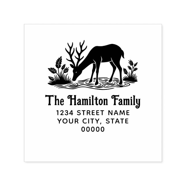 Rustic Deer Drinking Water Family Name Address SQ Self-inking Stamp (Design)
