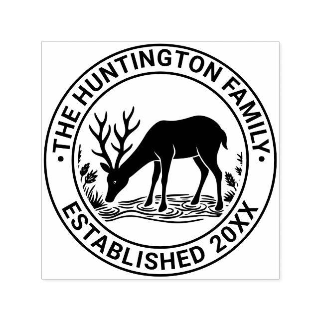 Rustic Deer Drinking Water Family Name Date Est Self-inking Stamp (Design)