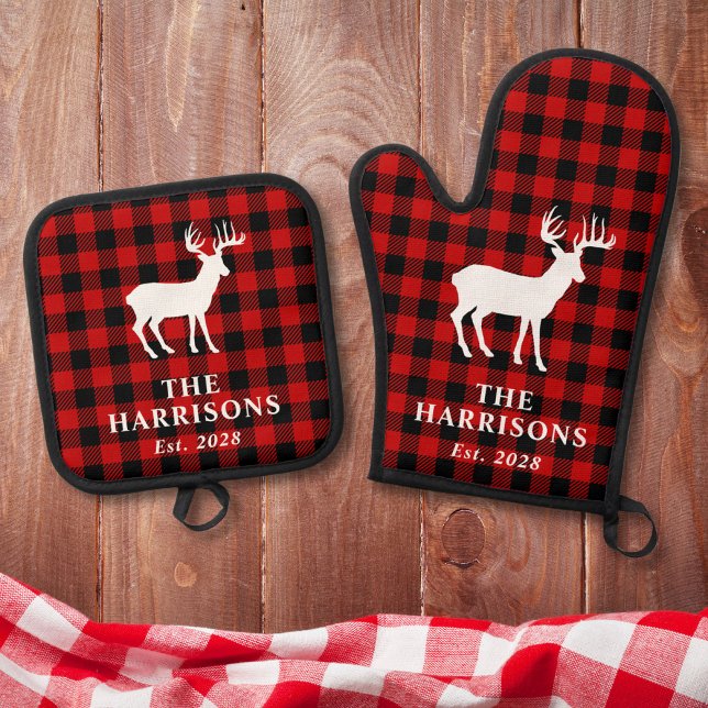 Rustic Deer Family Name Red Buffalo Plaid Oven Mitt & Pot Holder Set (Creator Uploaded)