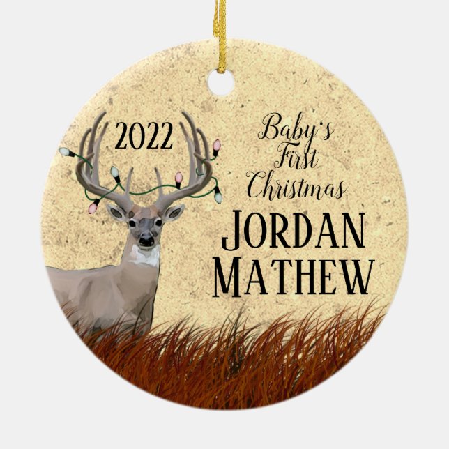 Rustic Deer First Christmas  Ceramic Tree Decoration (Back)