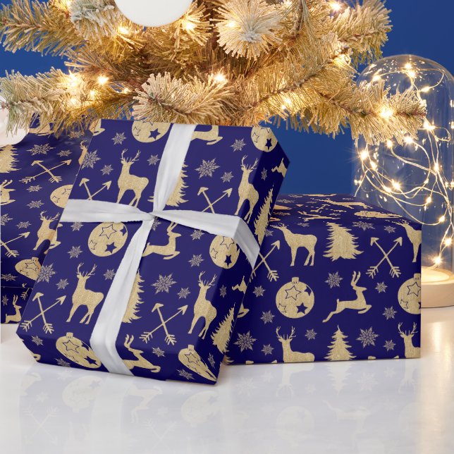 Rustic Deer Gold Christmas Pattern on Blue Wrapping Paper (Holidays)