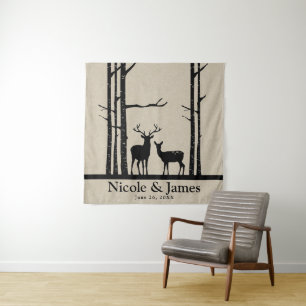 Rustic Deer Head Antlers Wedding Backdrop Tapestry
