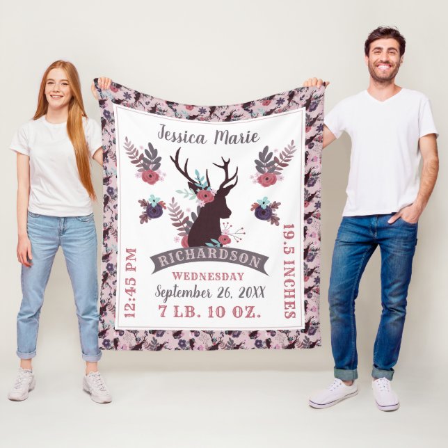 Rustic Deer Head Baby Girl Birth Record Stats Fleece Blanket (In Situ)
