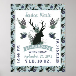Rustic Deer Head Blue Baby Girl Birth Record Stats Poster